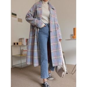 Pastel Plaid  long line Single Button Overcoat pea coat long trench purple